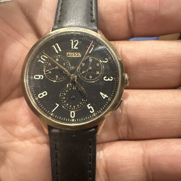 Working Fossil Chronograph 33mm Dial Black Leather Chronograph Unisex Watch Rare - Picture 1 of 9